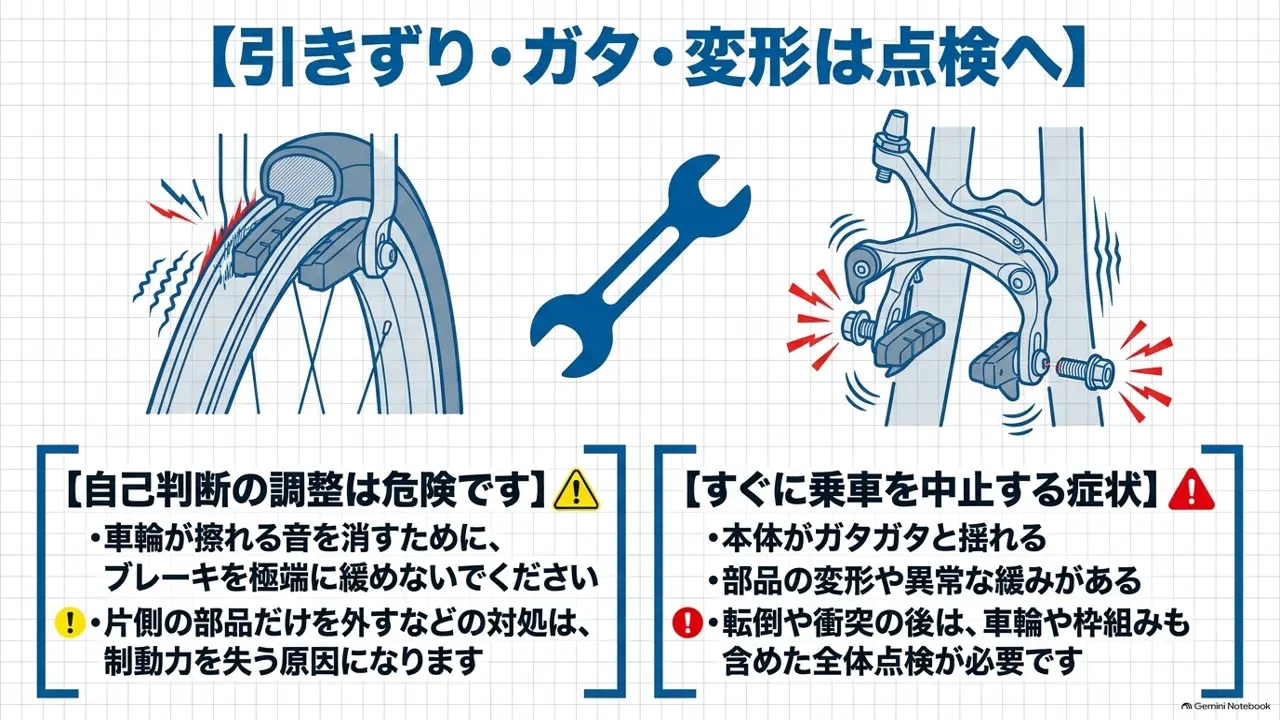 ブレーキの引きずりやガタつき、変形が見られる状態を示した図