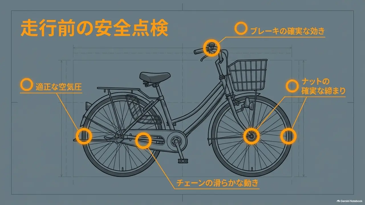 空気圧、ブレーキ、チェーン、ナットの締まりなど走行前の点検箇所を示したママチャリの図