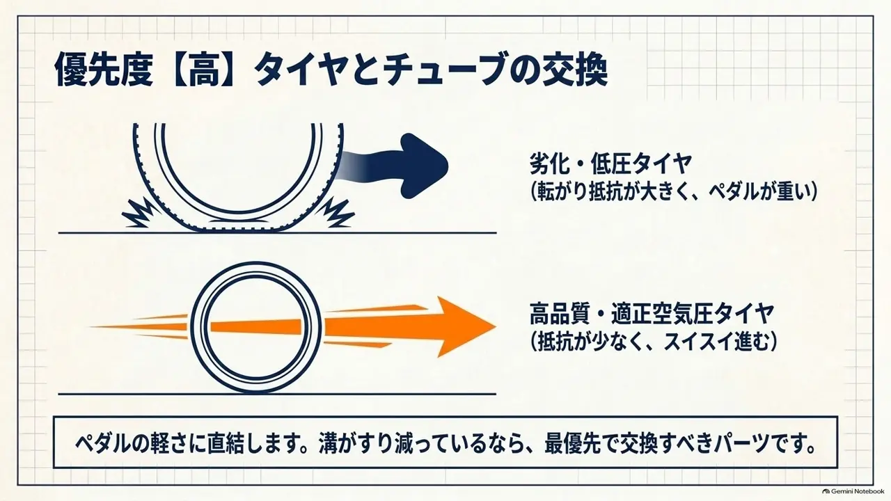 劣化したタイヤと適正な空気圧の高品質タイヤで転がりやすさが違うことを比べた図