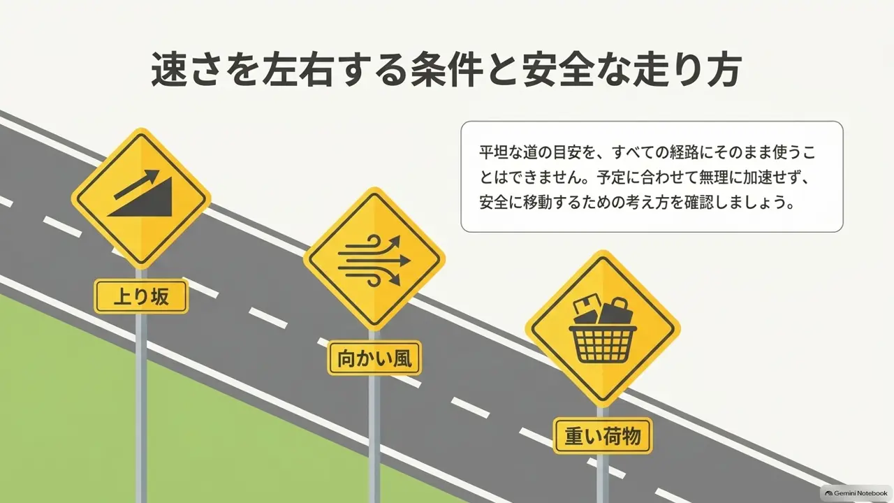 上り坂・向かい風・重い荷物が速さを左右する条件を示した図