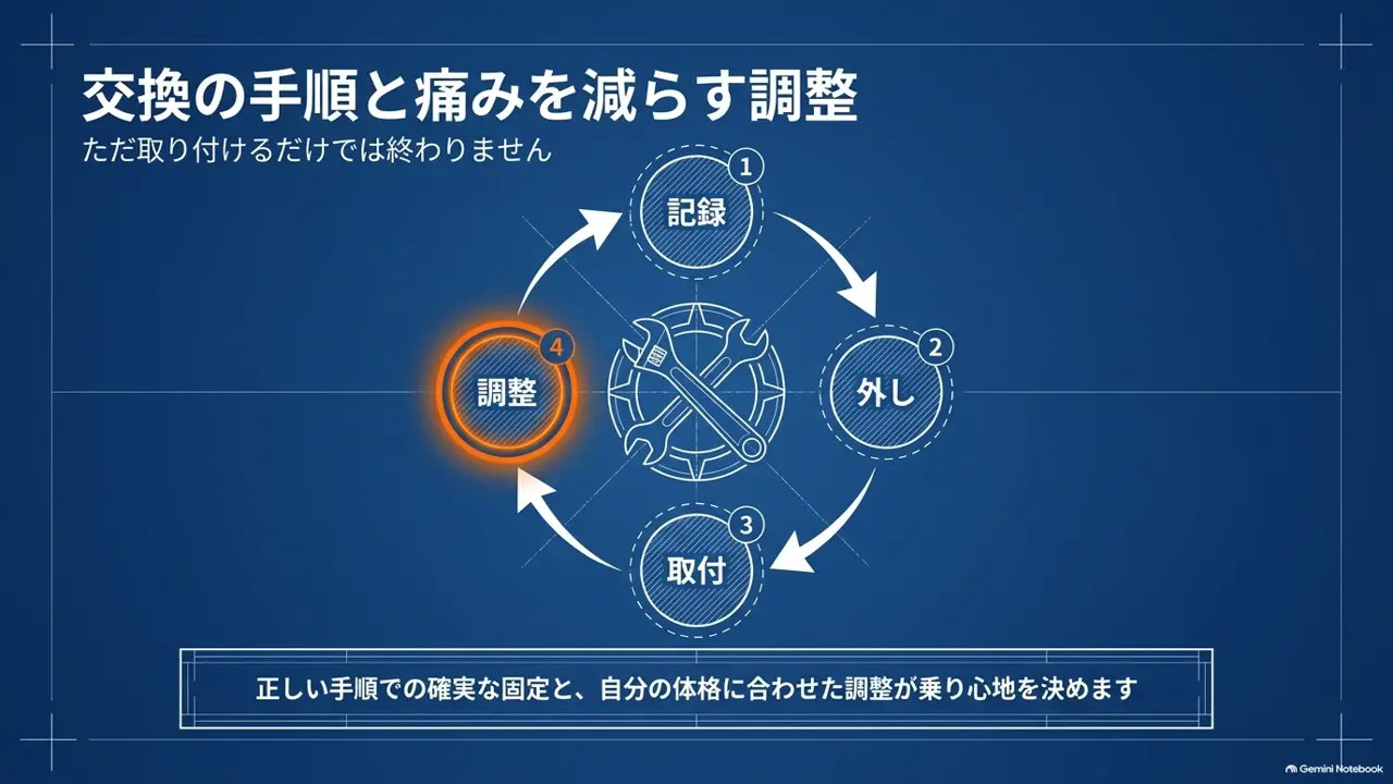 記録・外す・取り付け・調整の順で進めるサドル交換の流れの図