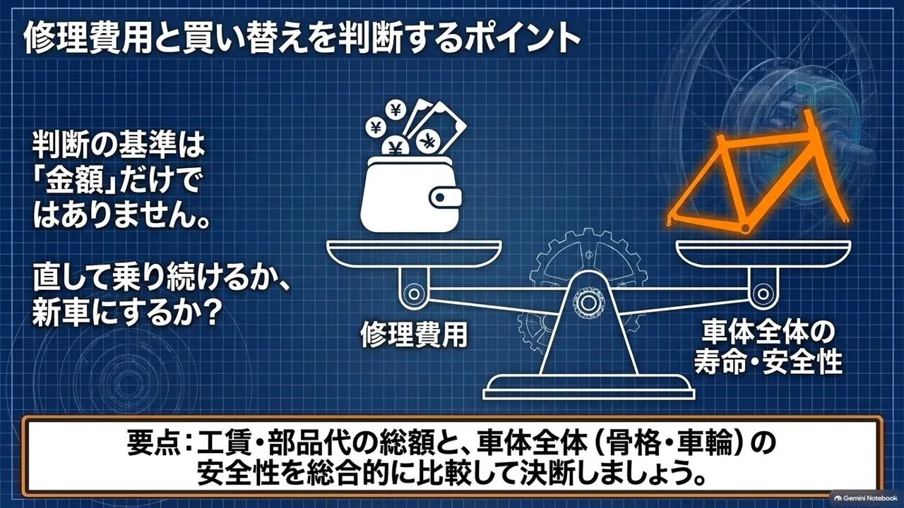 修理費用と車体全体の寿命・安全性を天秤で比べる判断の図