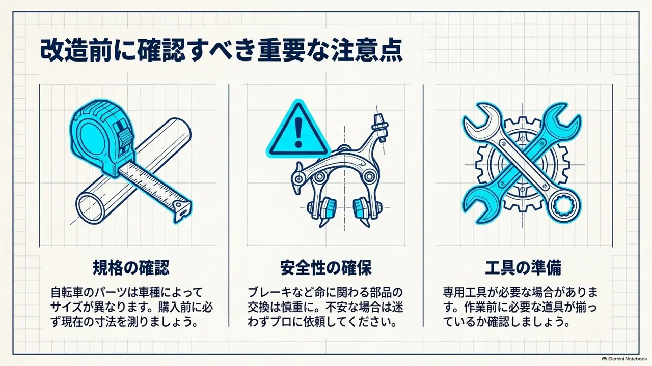 パーツの規格確認、安全性の確保、工具の準備という改造前の3つの注意点を並べた図