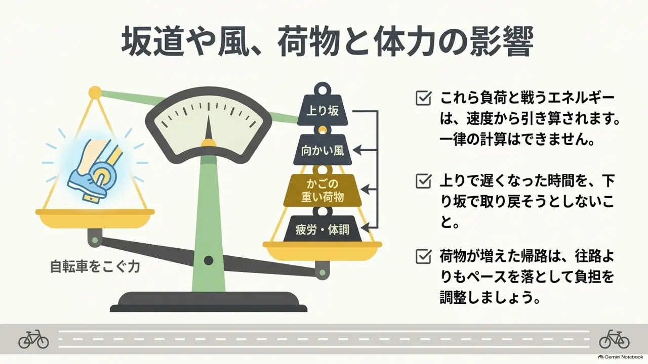 坂道や向かい風がママチャリのペースへ与える影響の図
