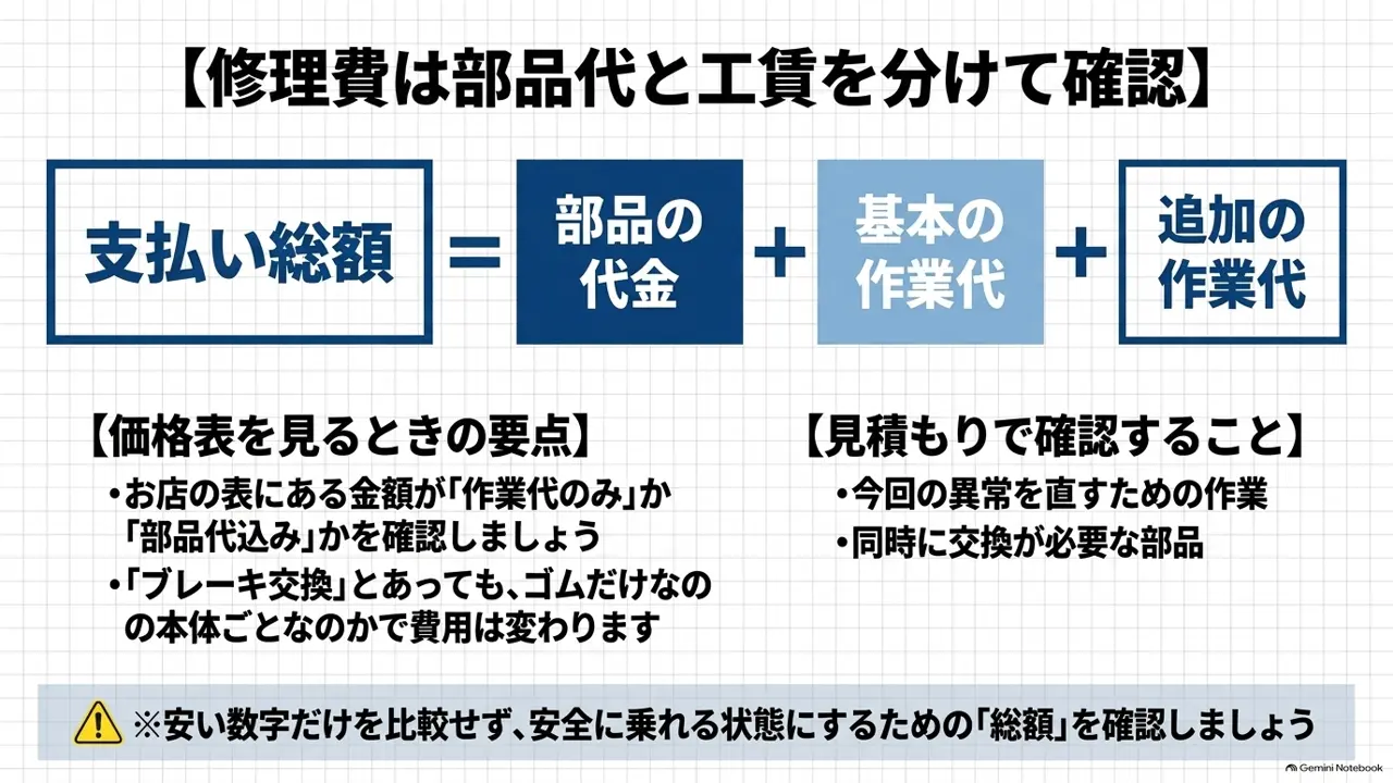 支払総額を部品代・基本の作業代・追加の作業代に分けて示した式の図