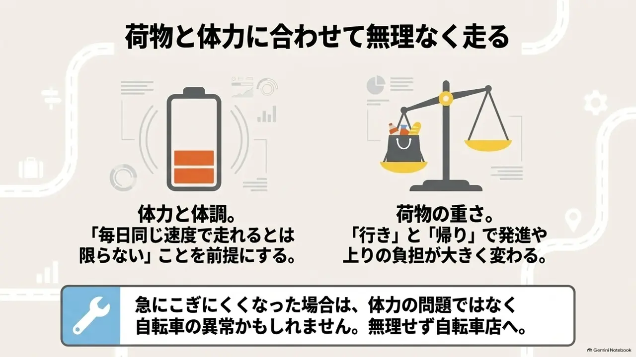 荷物の重さと体力に合わせたママチャリの走り方を示した図