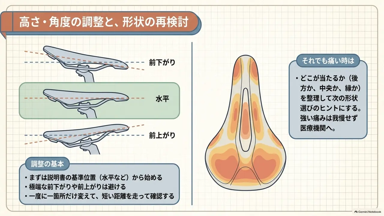 サドルの前下がり・水平・前上がりの角度と調整の基本を示した図