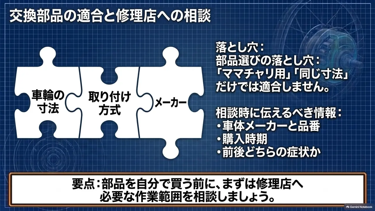 自転車側と部品側の適合を示すパズルと相談時の準備事項の図