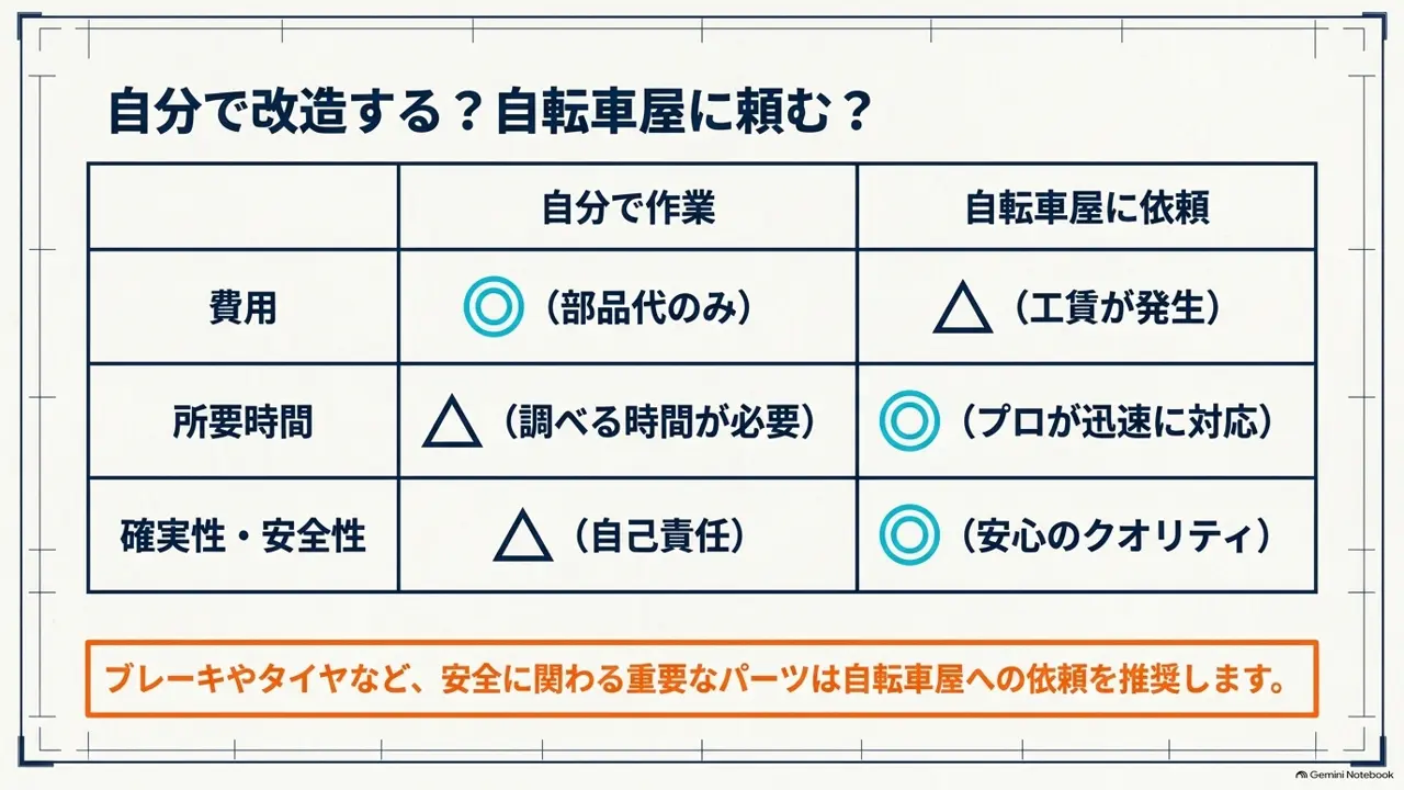 費用、所要時間、確実性を自分で作業する場合と自転車店に依頼する場合で比べた表
