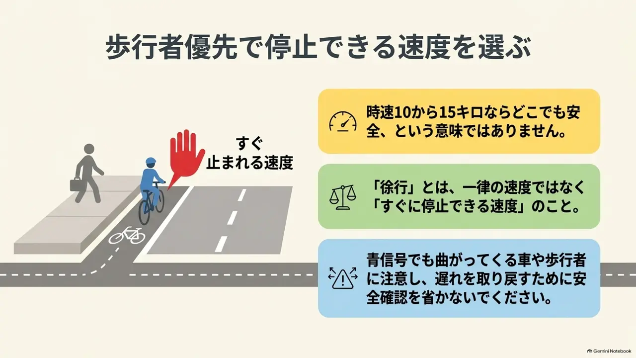 歩行者を優先して停止できる速度で走ることを示した図