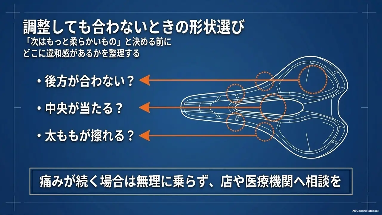 サドルの後方・中央・太ももの違和感の位置を整理して形状を選ぶ図