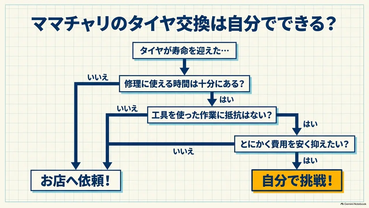 タイヤ交換を自分で行うか自転車店へ依頼するかを判断するフローチャート