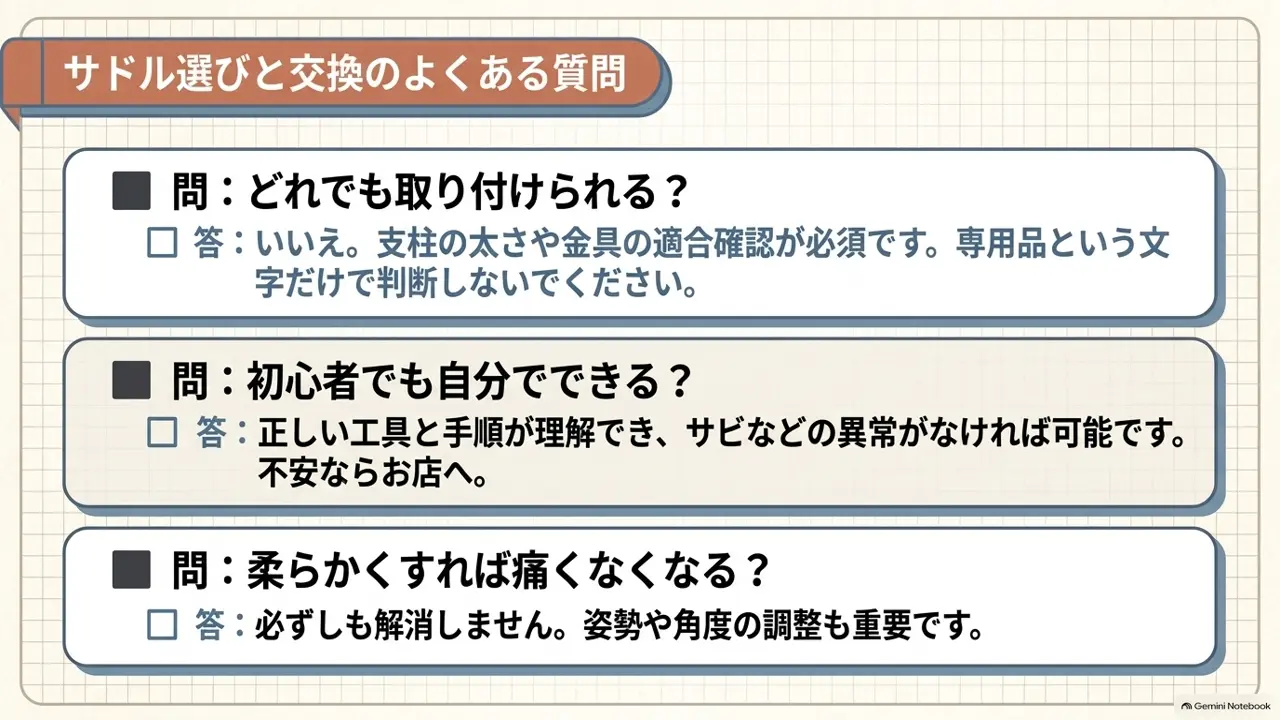 サドル選びと交換に関するよくある質問3つをまとめた図