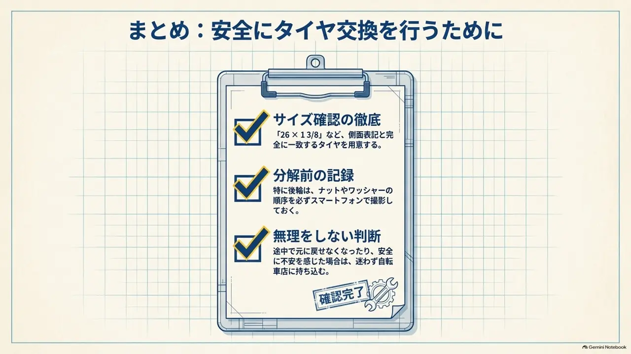サイズ確認、分解前の記録、無理をしない判断の3つをまとめたチェックリスト