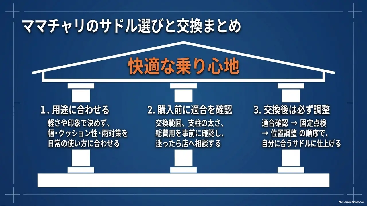 サドルの用途選び・購入前の適合確認・交換後の調整をまとめた図