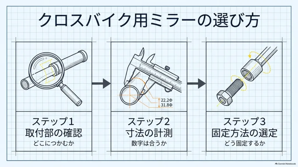 cross-bike-mirror-selection-three-steps-flow